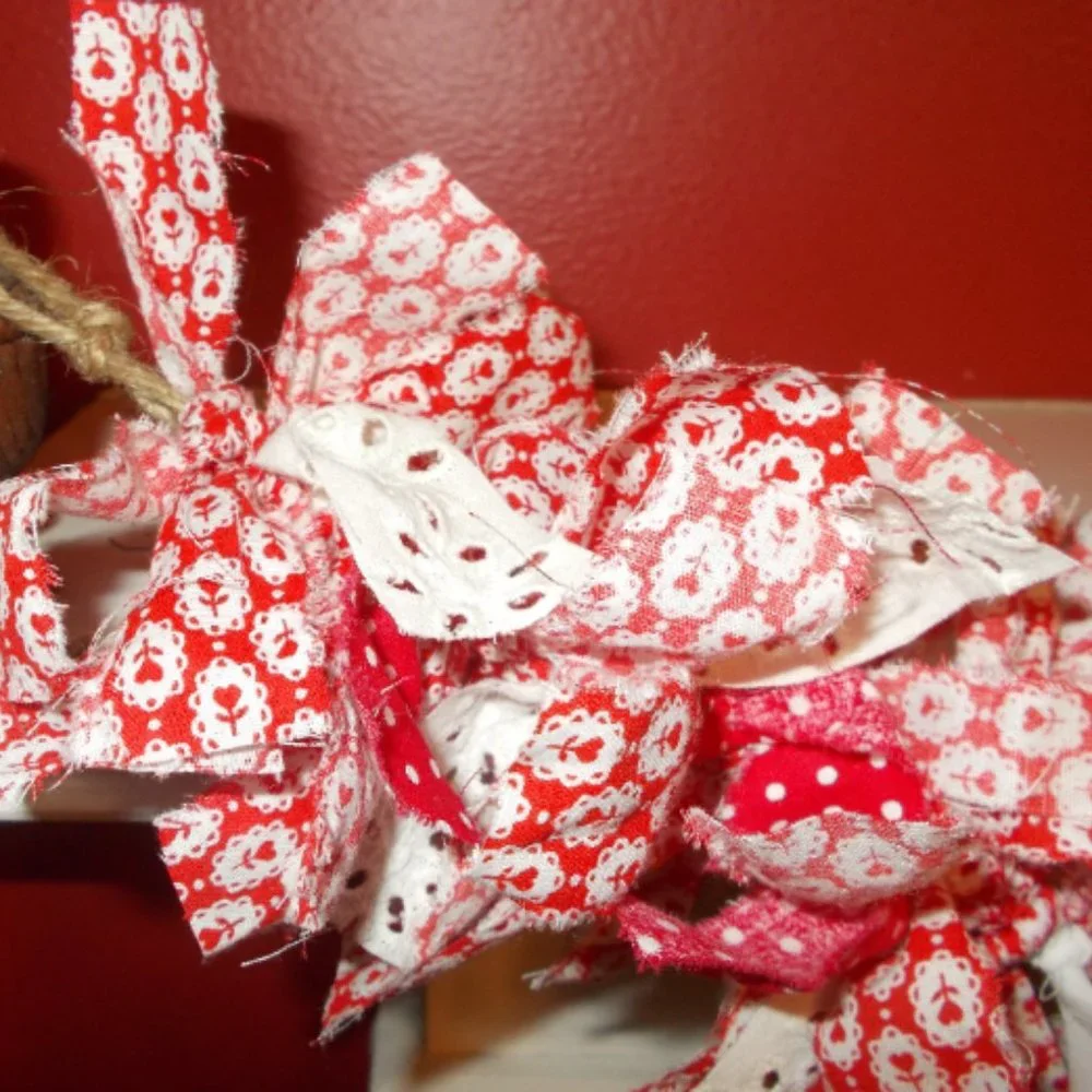 Valentine's Day Garland Rag Cloth Red and White Hearts and Lace Country Decor 5'